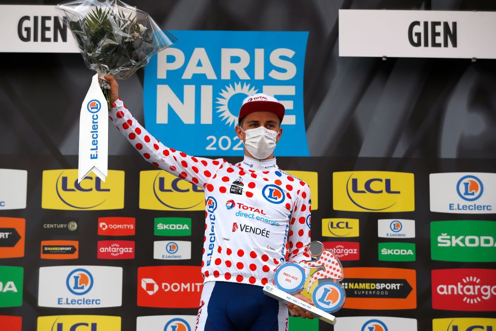 GIEN FRANCE MARCH 09 Podium Fabien Doubey of France and Team Total Direct Energie Polka Dot Mountain Jersey Celebration during the 79th Paris Nice 2021 Stage 3 a 144km Individual Time Trial stage from Gien to Gien 147m ITT Trophy Mask Covid Safety Measures ParisNice on March 09 2021 in Gien France Photo by Bas CzerwinskiGetty Images