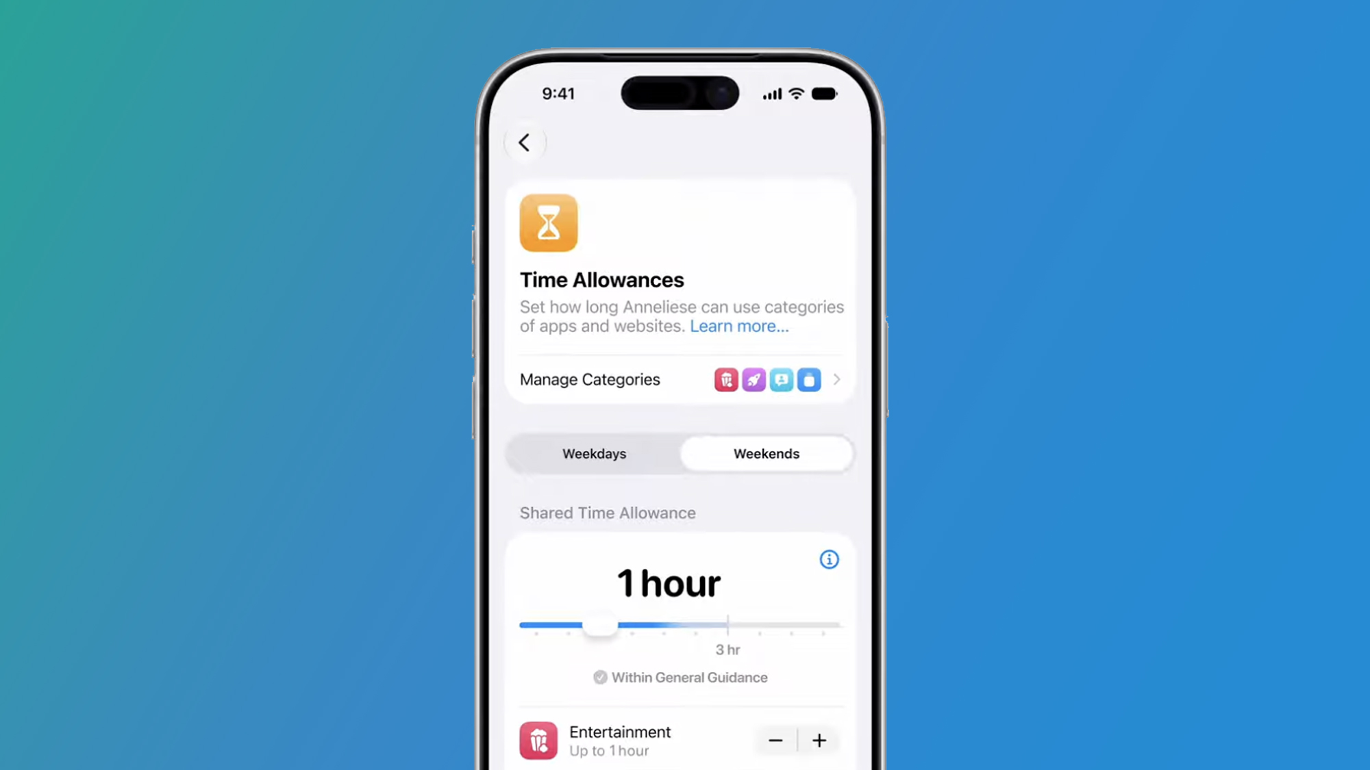 An iPhone on a blue background showing the Screen Time controls in iOS 27