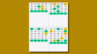 Quordle daily sequence answers for game 817 on a yellow background