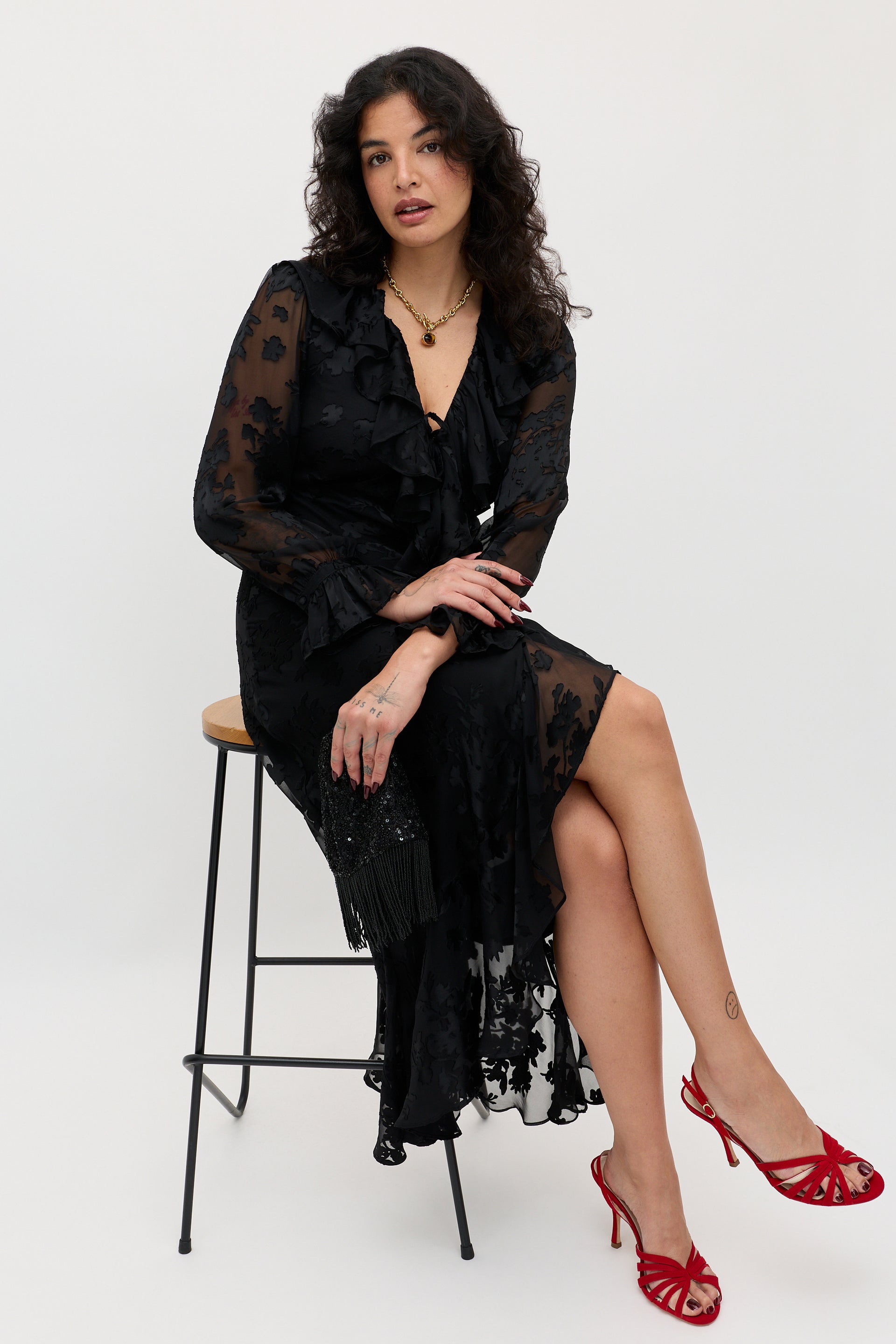 Gracye Silk-Satin Devor&amp;eacute; Midi Dress in Bouquet Devor&amp;eacute; Black
