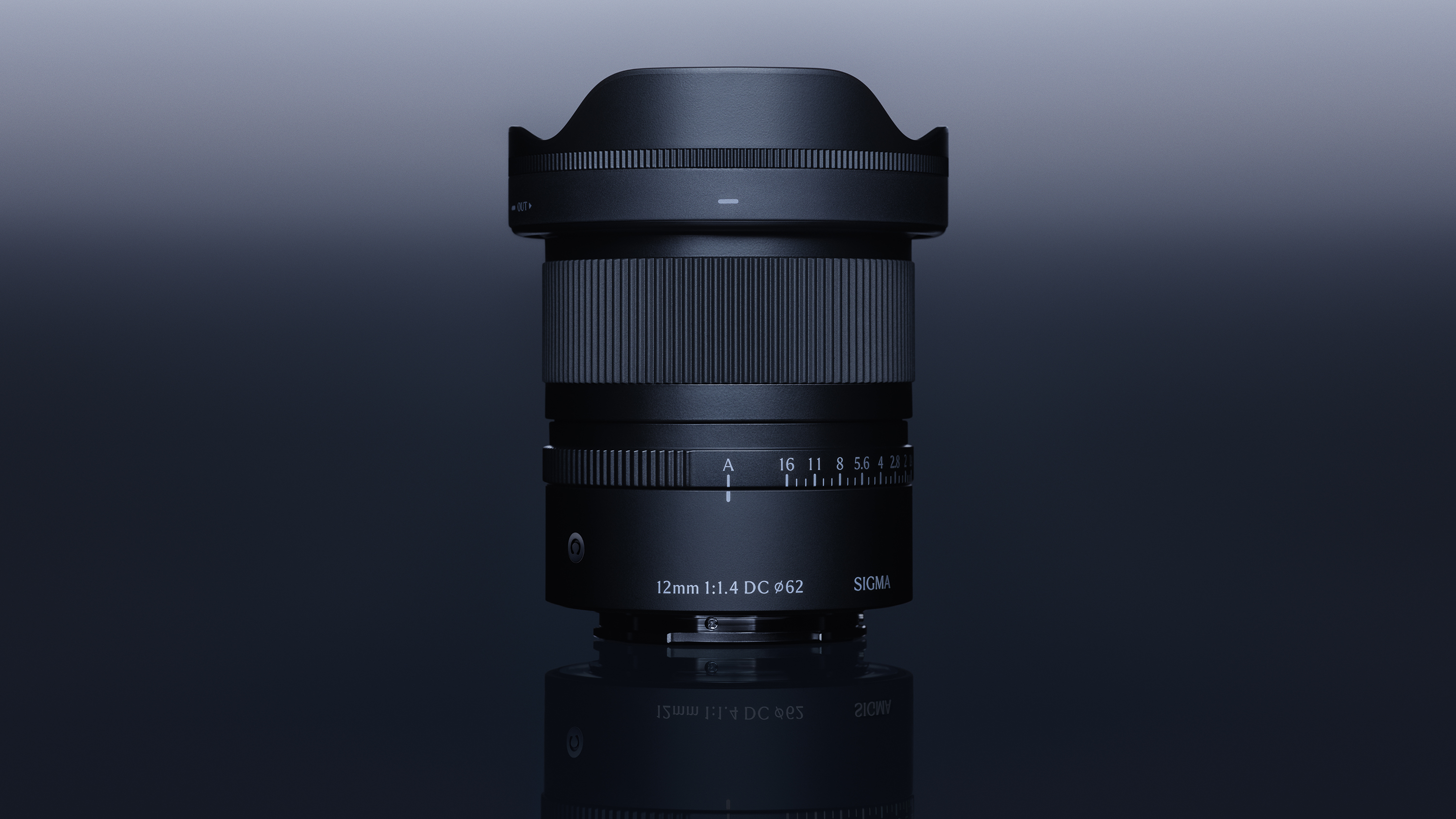 Sigma 12mm F1.4 DC Contemporary lens on a dark gradient background