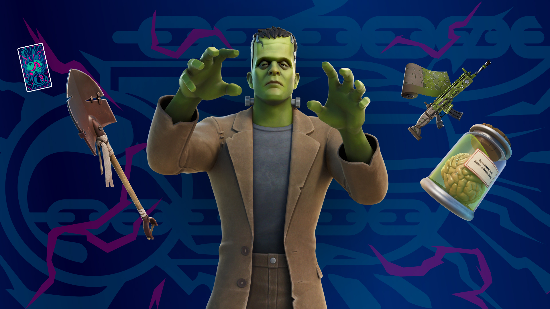 fortnitemares 2021 - frankenstein's monster surrounded by some items