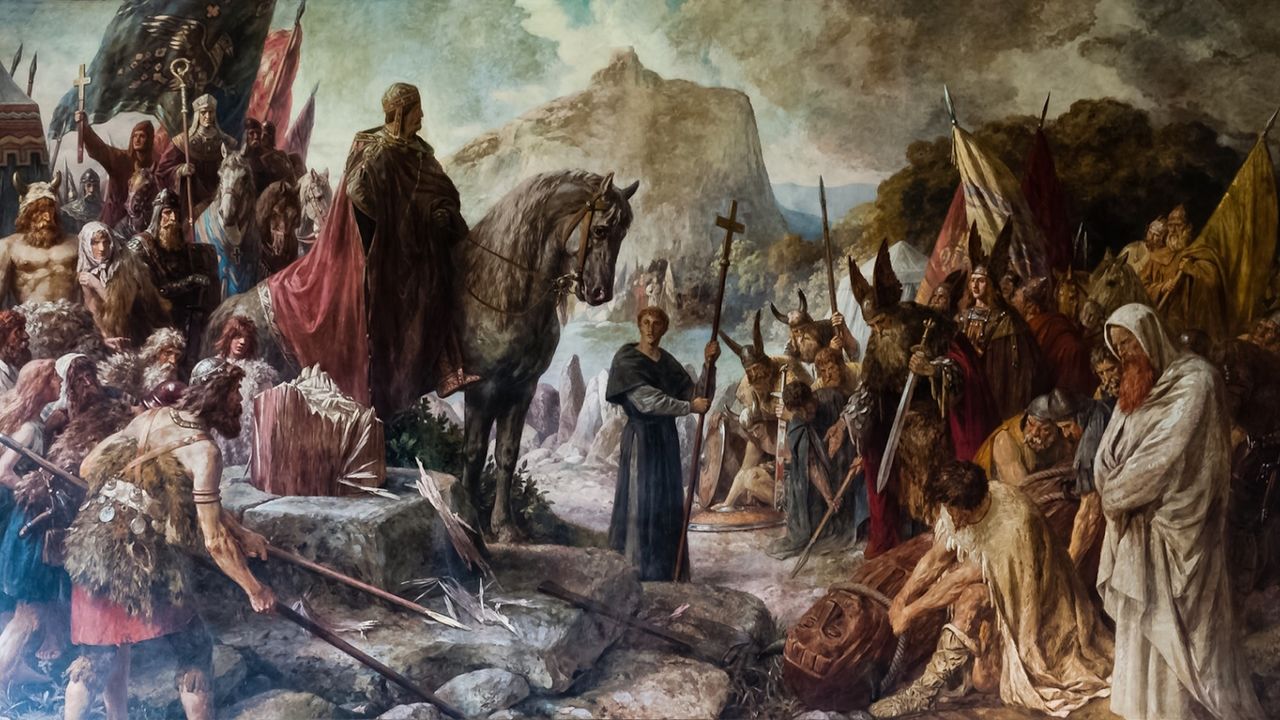 An old painting of the emperor Charlemagne overseeing Pagans submitting to Christianity