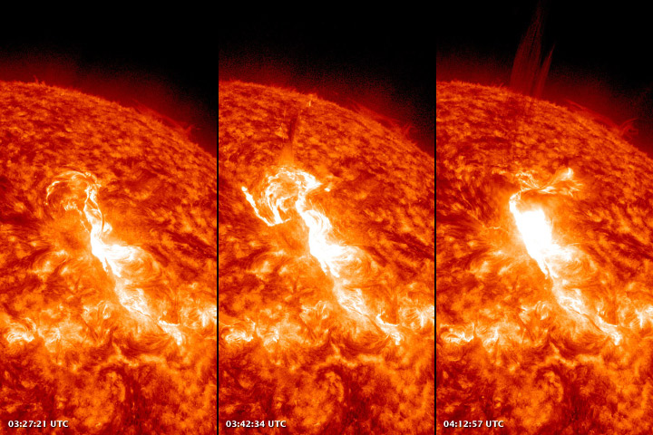 The images above show a HUGE solar flare as observed by the Atmospheric Imaging Assembly (AIA) on NASA’s Solar Dynamics Observatory (SDO) at 0327, 0342, and 0412 GMT on January 23 (10:27 p.m., 10:42 p.m. and 11:12 p.m. EST on Jan. 22).