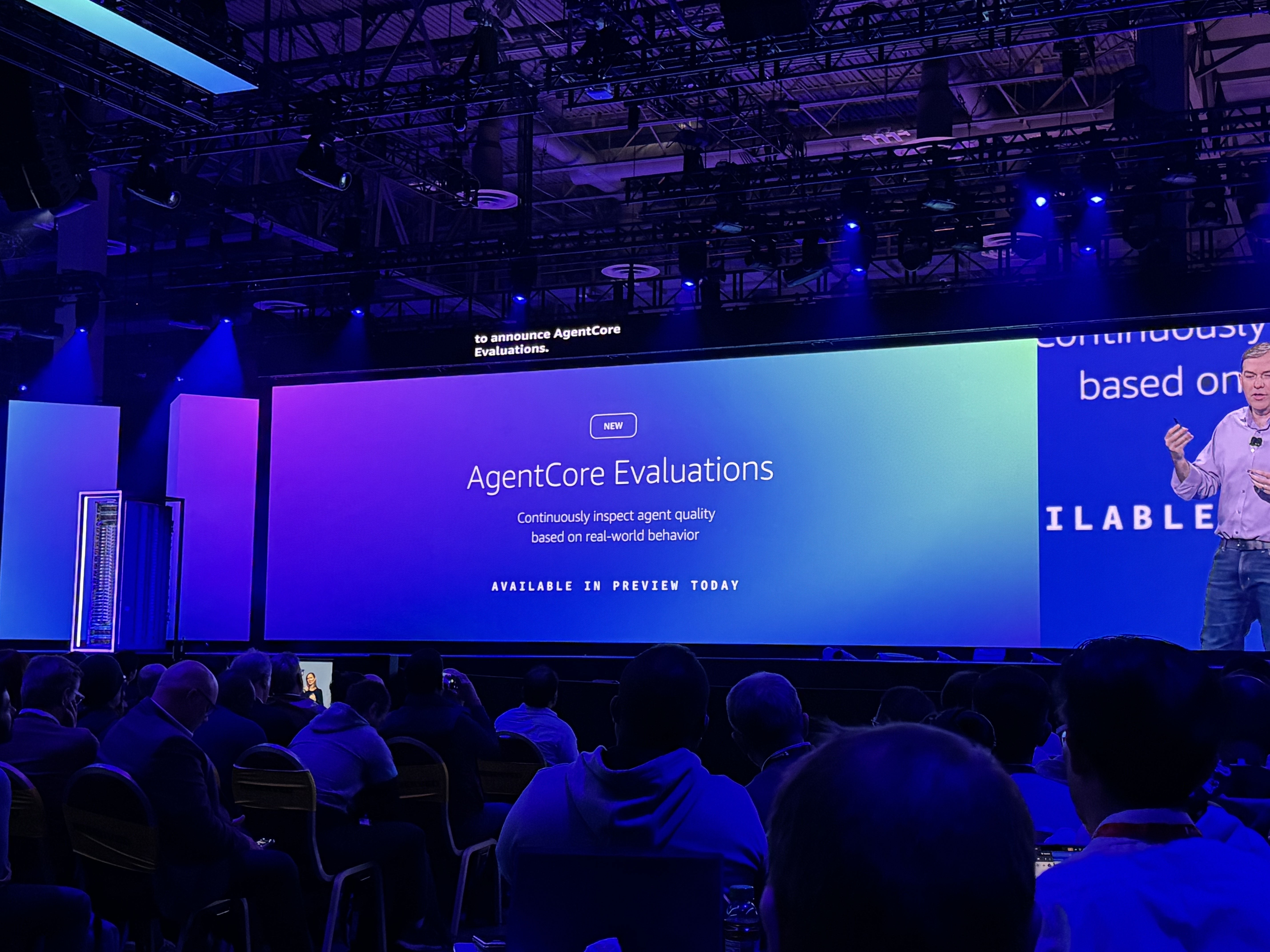AgentCore Evaluations announcement on stage at AWS re:Invent 2025 in Las Vegas, Nevada, USA.