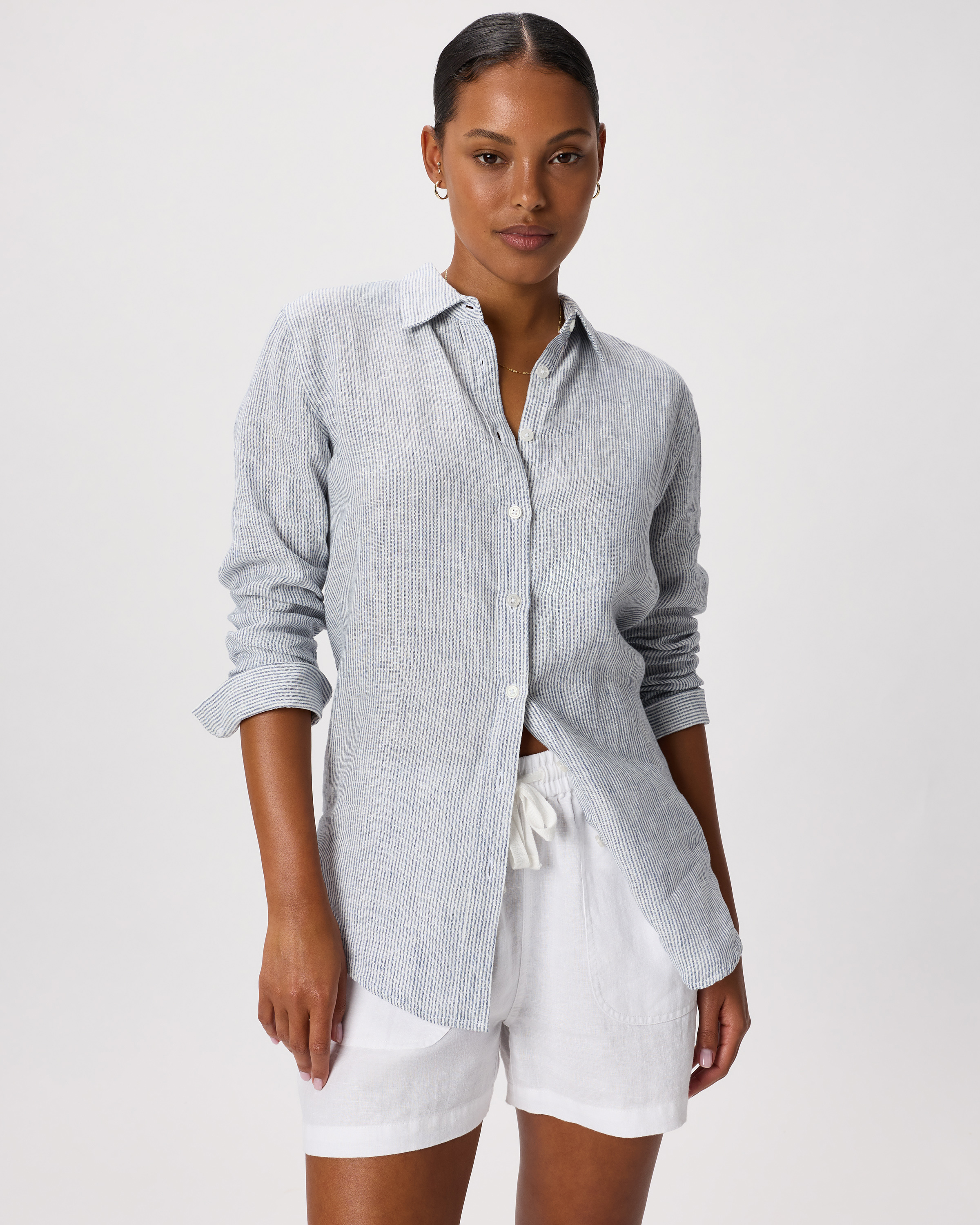 100% European Linen Shirt in Blue Pinstripe