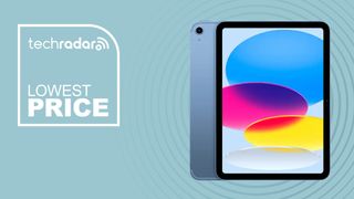 Apple iPad 11 (A16) on blue background with lowest price text overlay