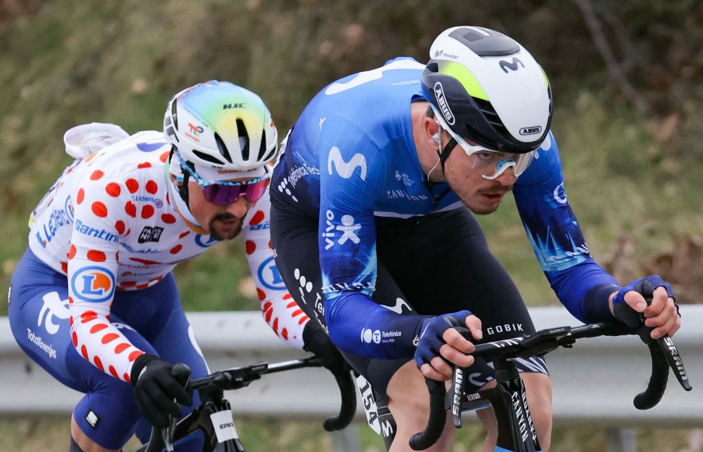 Movistar Team's French cyclist Remi Cavagna (R) and TotalEnergies' French cyclist Mathieu Burgaudeau (L) ride in a breakaway during the 6th stage of the Paris-Nice cycling race, 198,5 km between Sisteron and La Colle-sur-Loup, on March 8, 2024. (Photo by Thomas SAMSON / AFP)