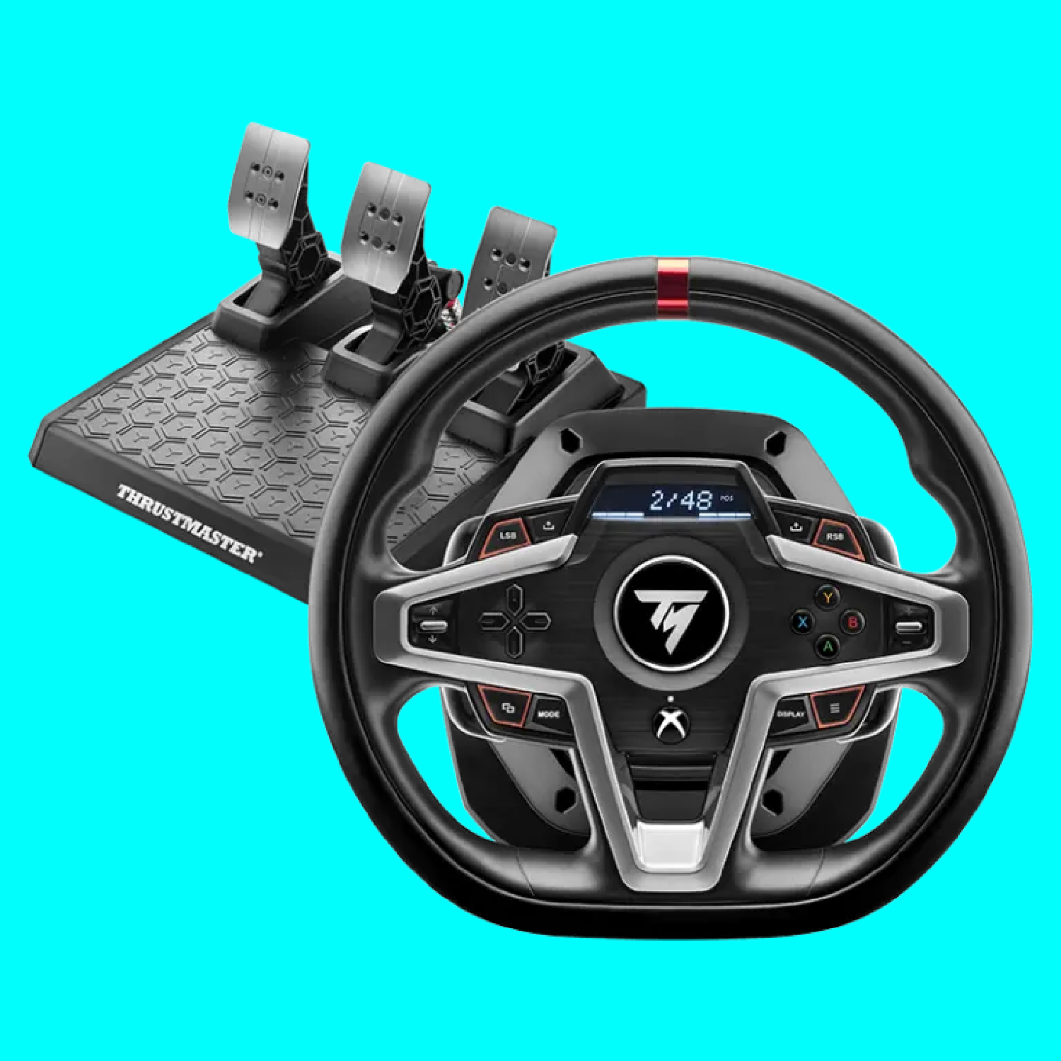 A Thrustmaster T248 racing wheel and pedal set on a light blue background