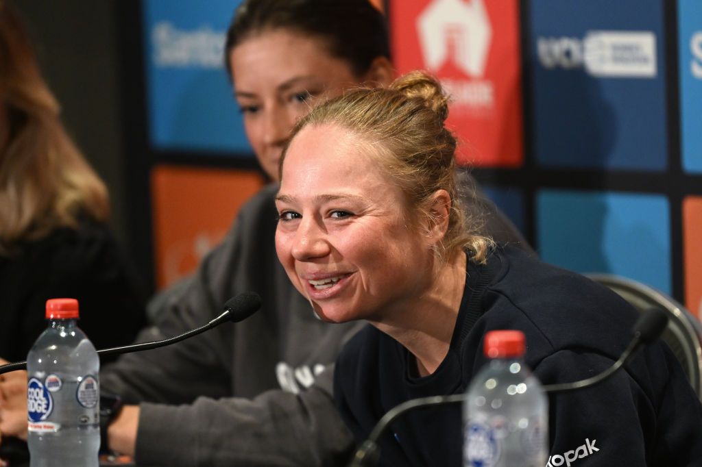 ADELAIDE AUSTRALIA JANUARY 16 Justine Ghekiere of Belgium and Team AG InsuranceSoudalQuickStep during the Top Riders Press Conference prior to the 9th Santos Womens Tour Down Under 2025 UCIWWT on January 16 2025 in Adelaide Australia Photo by Dario BelingheriGetty Images