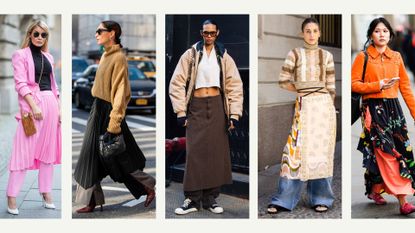 street style shots of women showing how to style skirts over pants