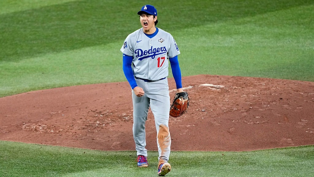 Shohei Ohtani, of the LA Dodgers, celebrates during the World Series 2025.