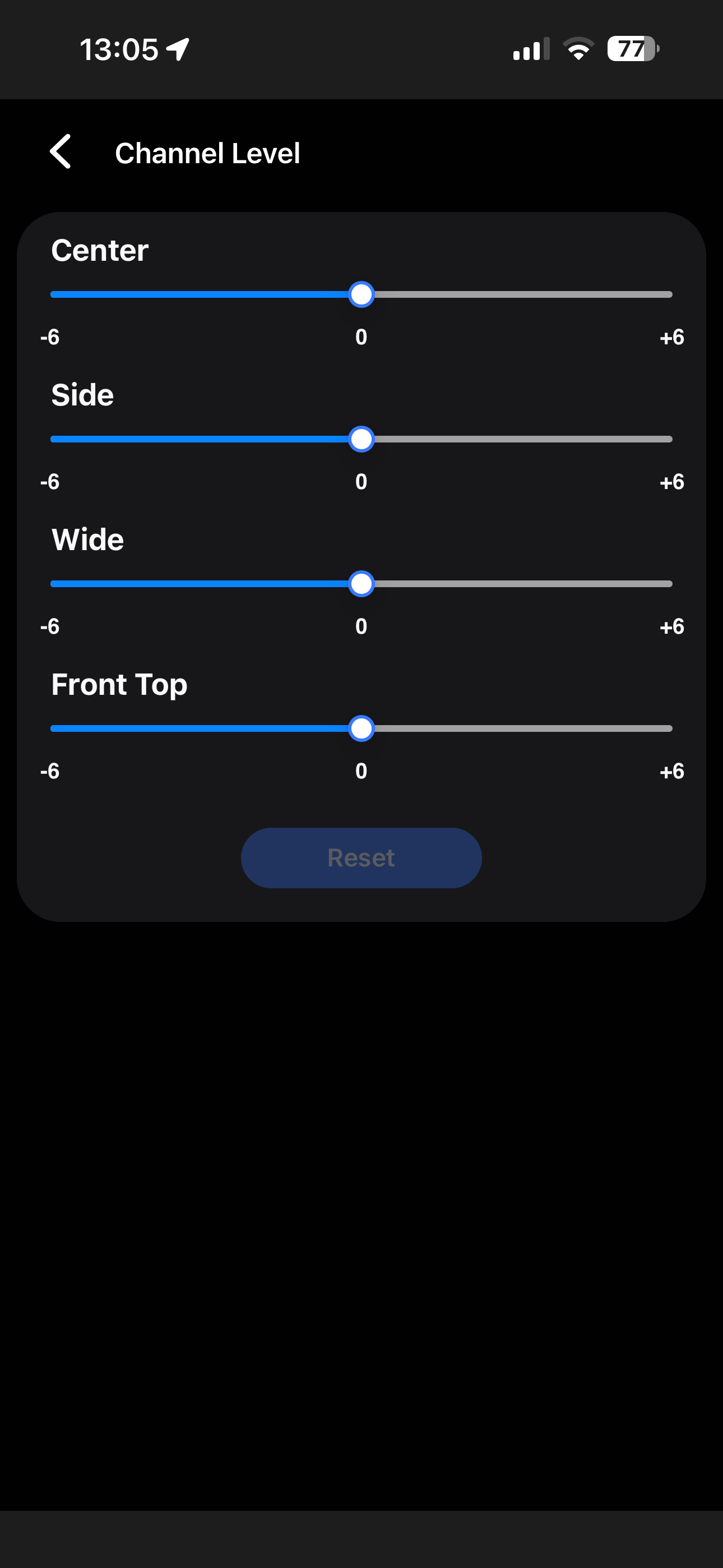 Screenshot of Samsung SmartThings app showing four channel level options for Samsung HW-Q990F soundbar.