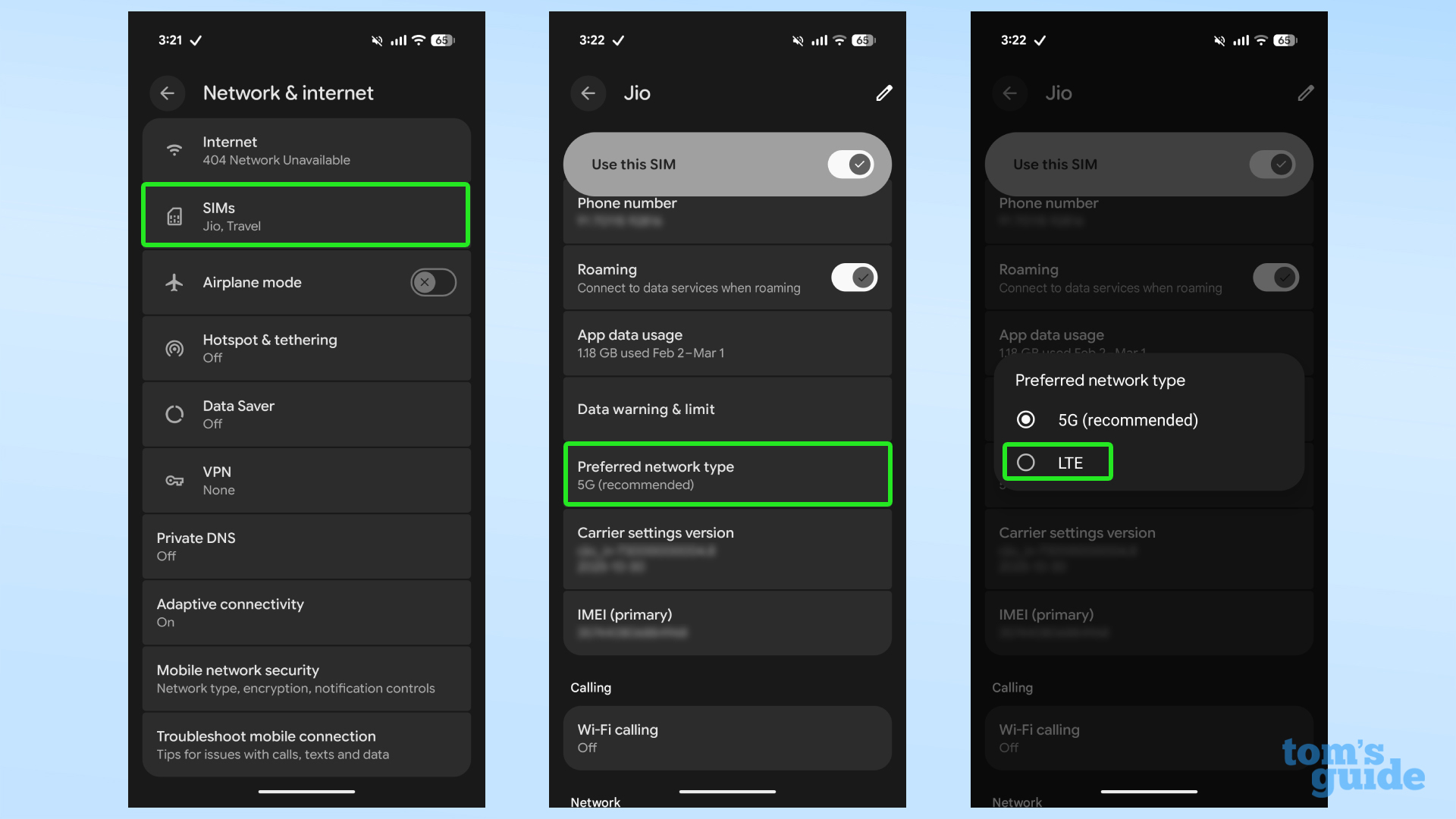 Screenshots showing how to select 4G connectivity as a Google Pixel's network type