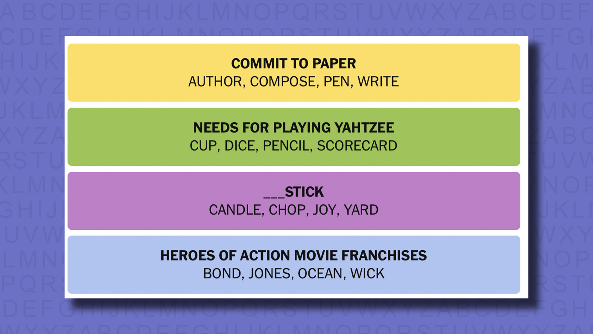 NYT Connections answers for game 697 on a purple background