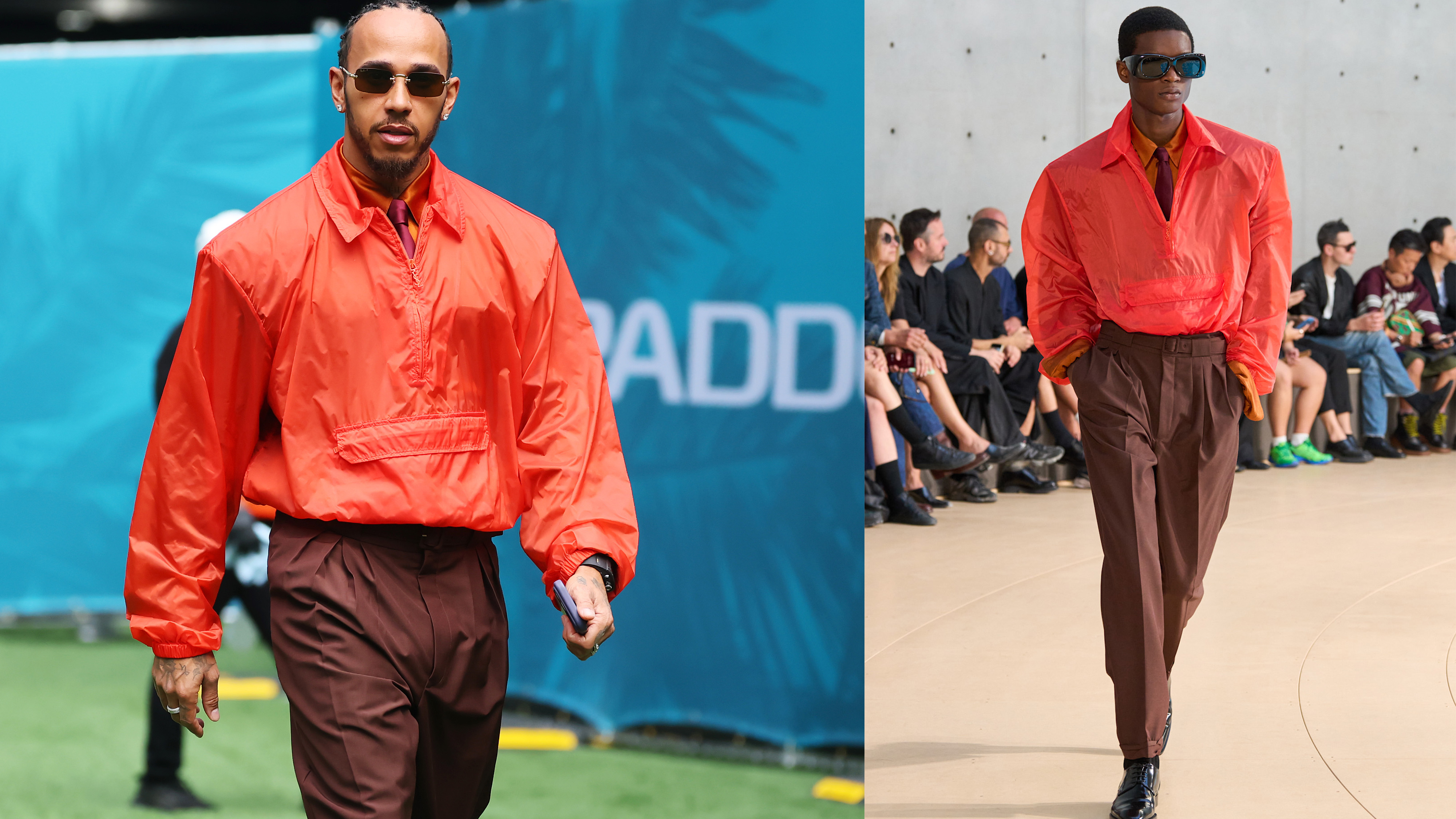 A side-by-side image of Lewis Hamilton of Great Britain and Scuderia Ferrari at the F1 Miami Grand Prix on April 30, 2026 wearing a Saint Laurent look and the model debuting the look in Paris.