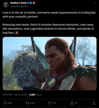 A post that reads: "Love is in the air in Faerûn, and we've made improvements to locking lips with your romantic partner! Releasing next week, Patch 6 includes improved smooches, new camp idle animations, new Legendary Actions in Honour Mode, and plenty of bug fixes 🛠️"
