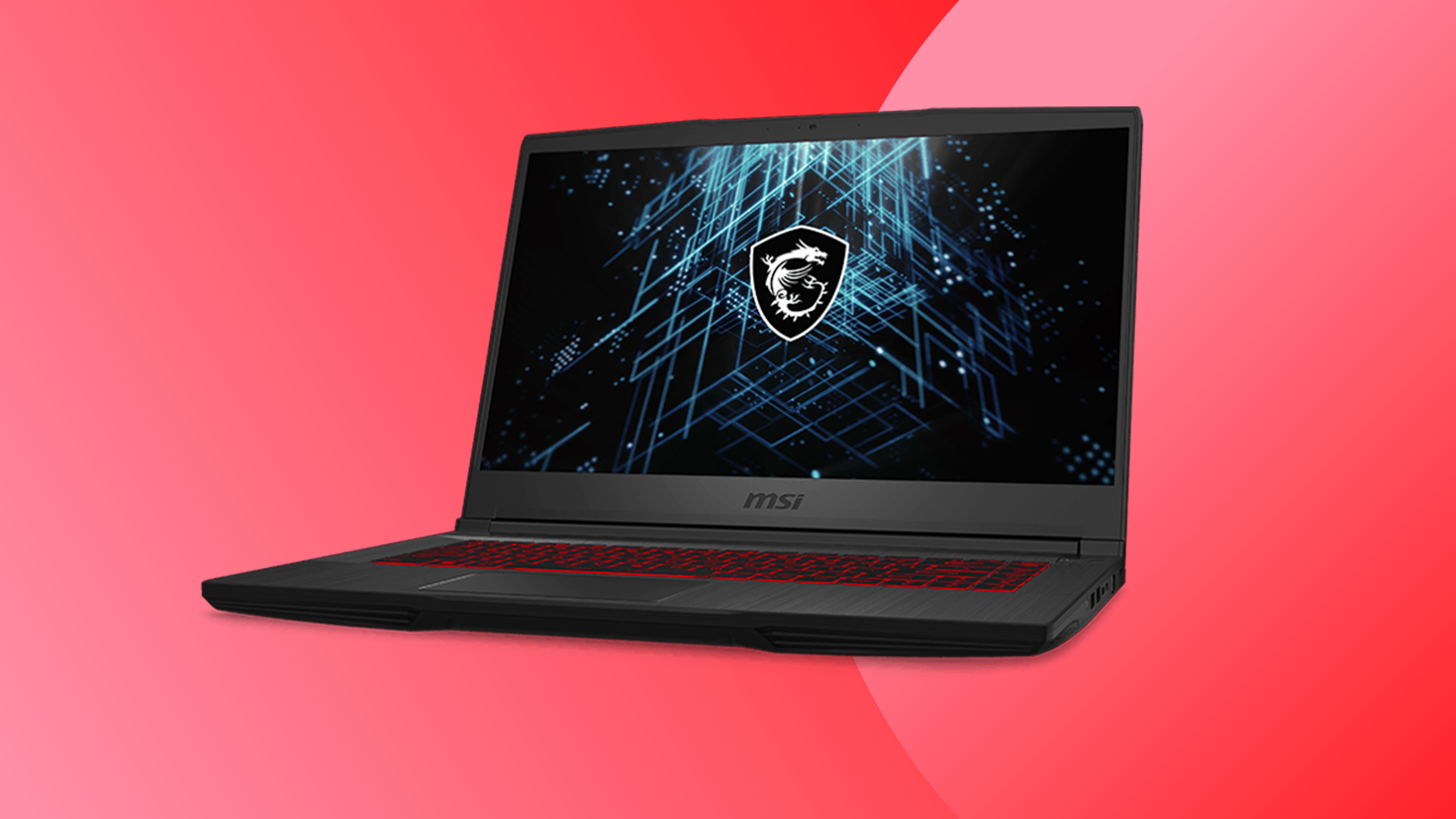 An MSI Black Friday deals image with an MSI GV15 gaming laptop on a red background