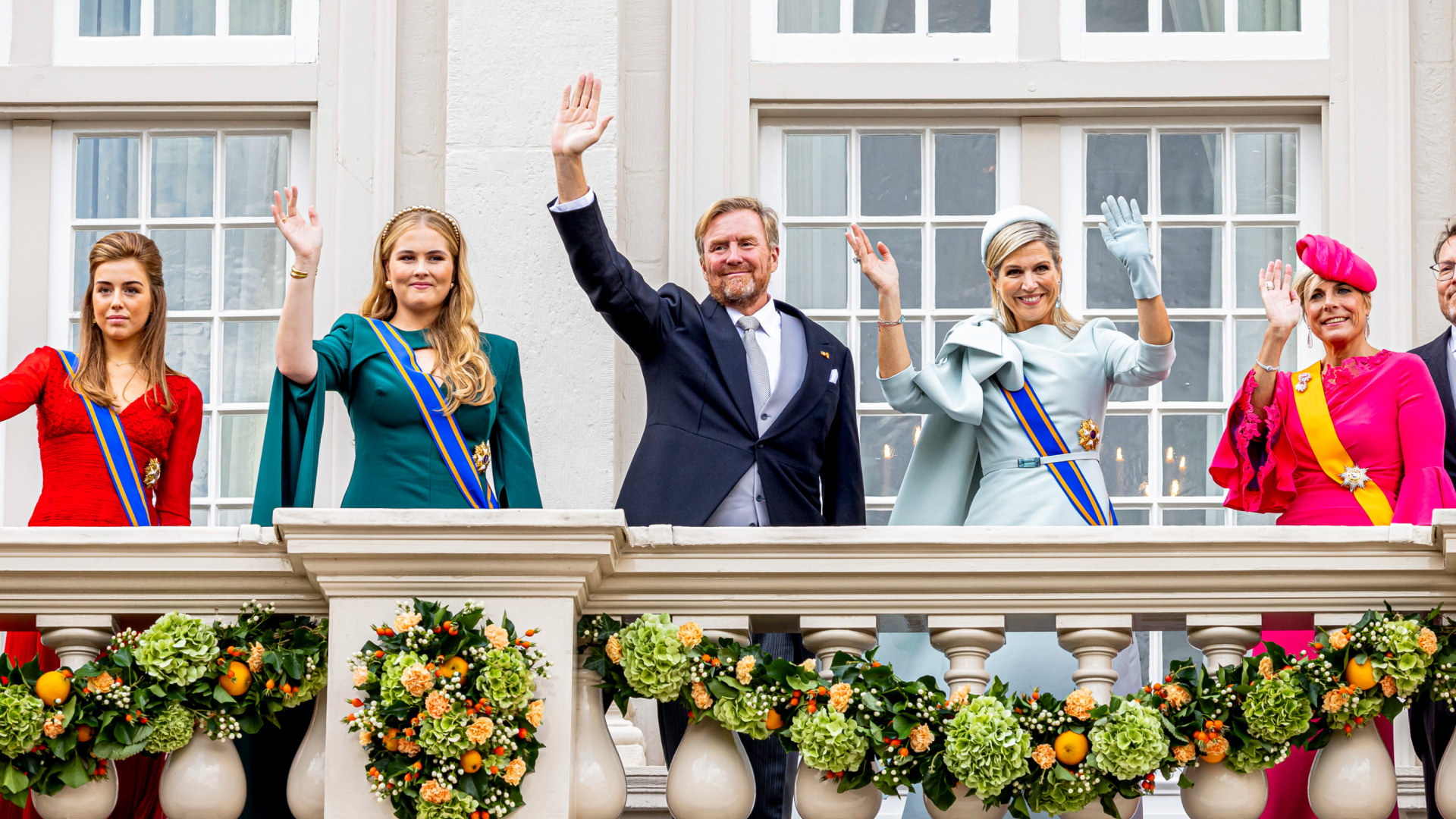 Princess Catharina-Amalia, Princess of Orange, waves from a balcony with the Netherlands Royal Family
