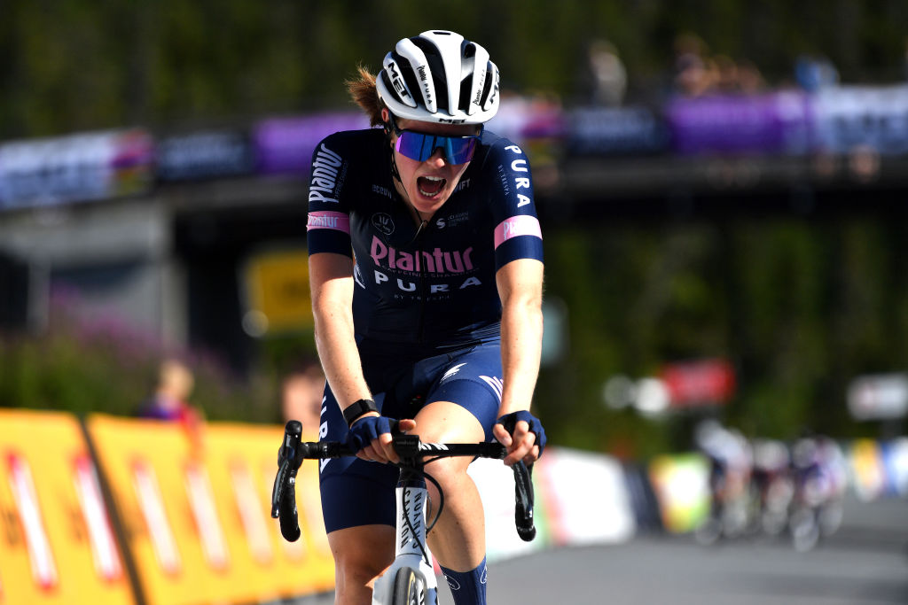 NOREFJELL NORWAY AUGUST 13 Julie Van De Velde of Belgium and Team PlanturPura crosses the finish line during the 8th Tour of Scandinavia 2022 Battle Of The North Stage 5 a 1274km stage from Vikersund to Norefjell 791m UCIWWT tourofscandinavia TOSC22 on August 13 2022 in Norefjell Norway Photo by Luc ClaessenGetty Images