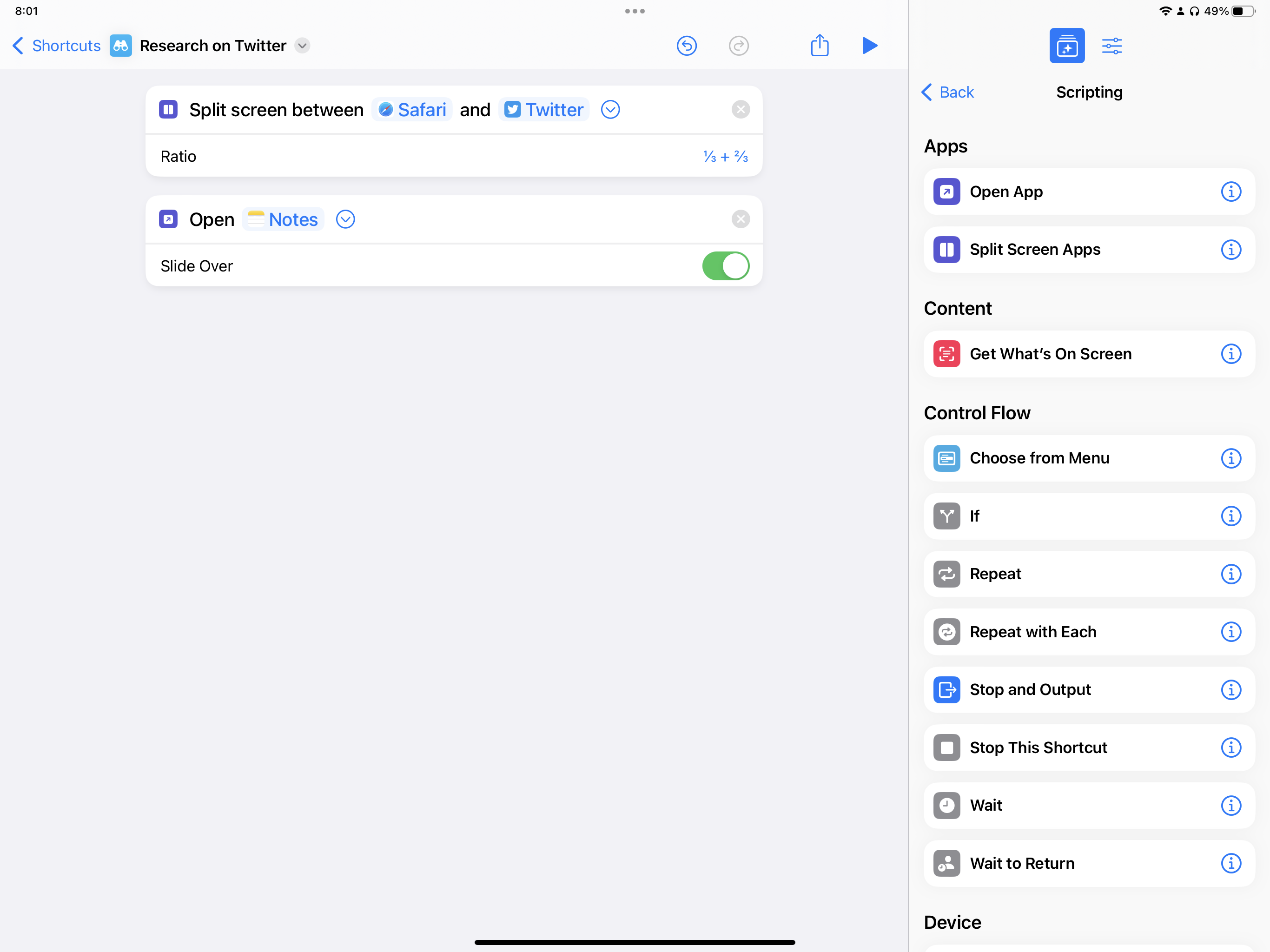 Screenshot der Aktion „Split Screen Apps“ und „App öffnen“, die in den Verknüpfungen auf „Slide Over“ eingestellt sind.