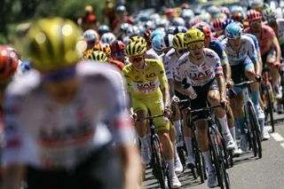 UAE Team Emirates team's Slovenian rider Tadej Pogacar wearing the overall leader's yellow jersey cycles during the 18th stage of the 111th edition of the Tour de France cycling race, 179,5 km between Gap and Barcelonnette, in the French Alps in southeastern France, on July 18, 2024. (Photo by Thomas SAMSON / AFP) (Photo by THOMAS SAMSON/AFP via Getty Images)