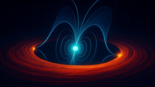 An illustration of the pulsar system PSR J1023+0038 showing the central pulsar and an accretion disk around it