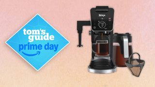 the ninja dualbrew pro coffee maker with milk frother, k-cup adapter, and prime day deals badge