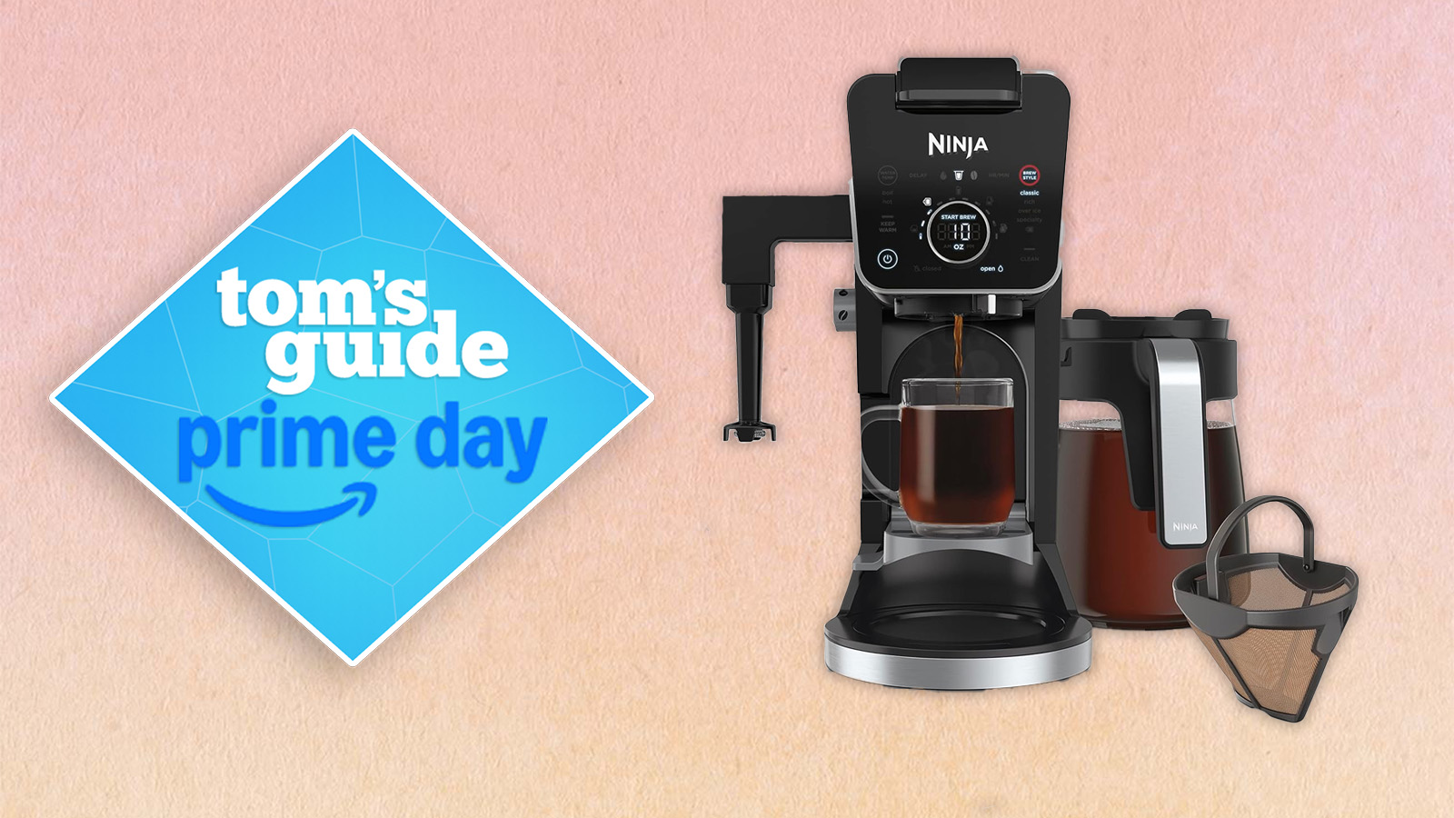 the ninja dualbrew pro coffee maker with milk frother, k-cup adapter, and prime day deals badge