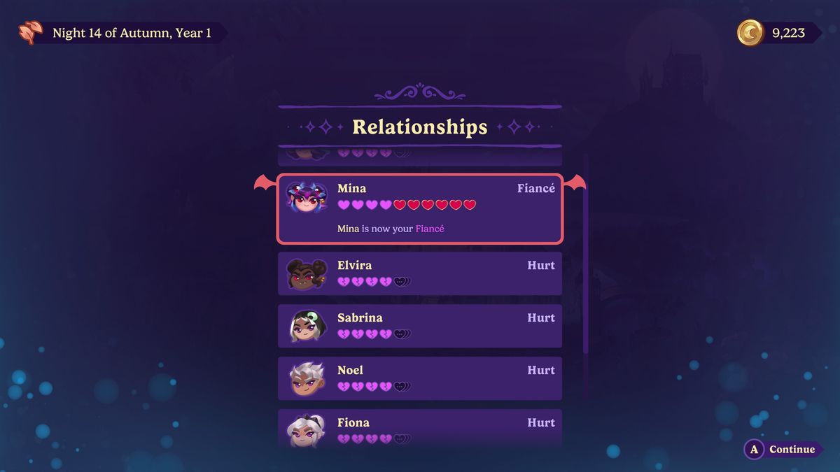 Moonlight Peaks - End of night relationship report showing Mina as "fiance" and other characters "hurt"