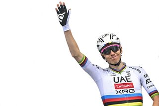 Paris-Roubaix 2025: Tadej Pogačar salutes the crowds at the start