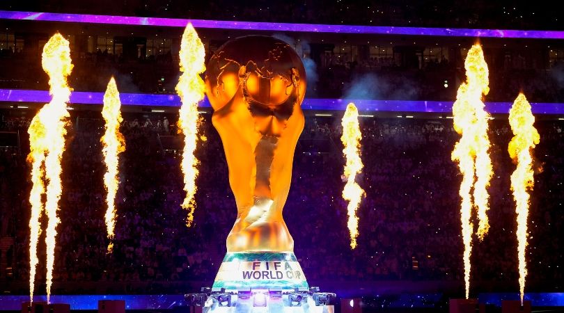 A huge version of the trophy at the opening ceremony of the 2022 World Cup in Qatar.