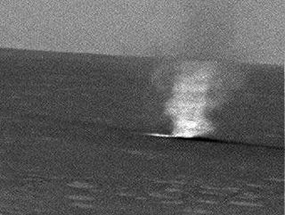 A martian dust devil captured in an image by the MER Spirit rover around March 10, 2005.