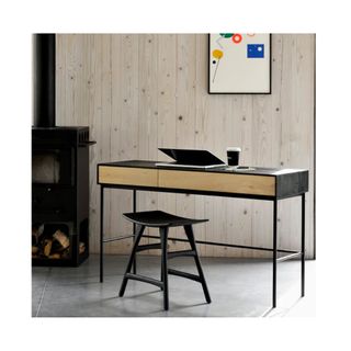 black minimalist desk with light wood drawer