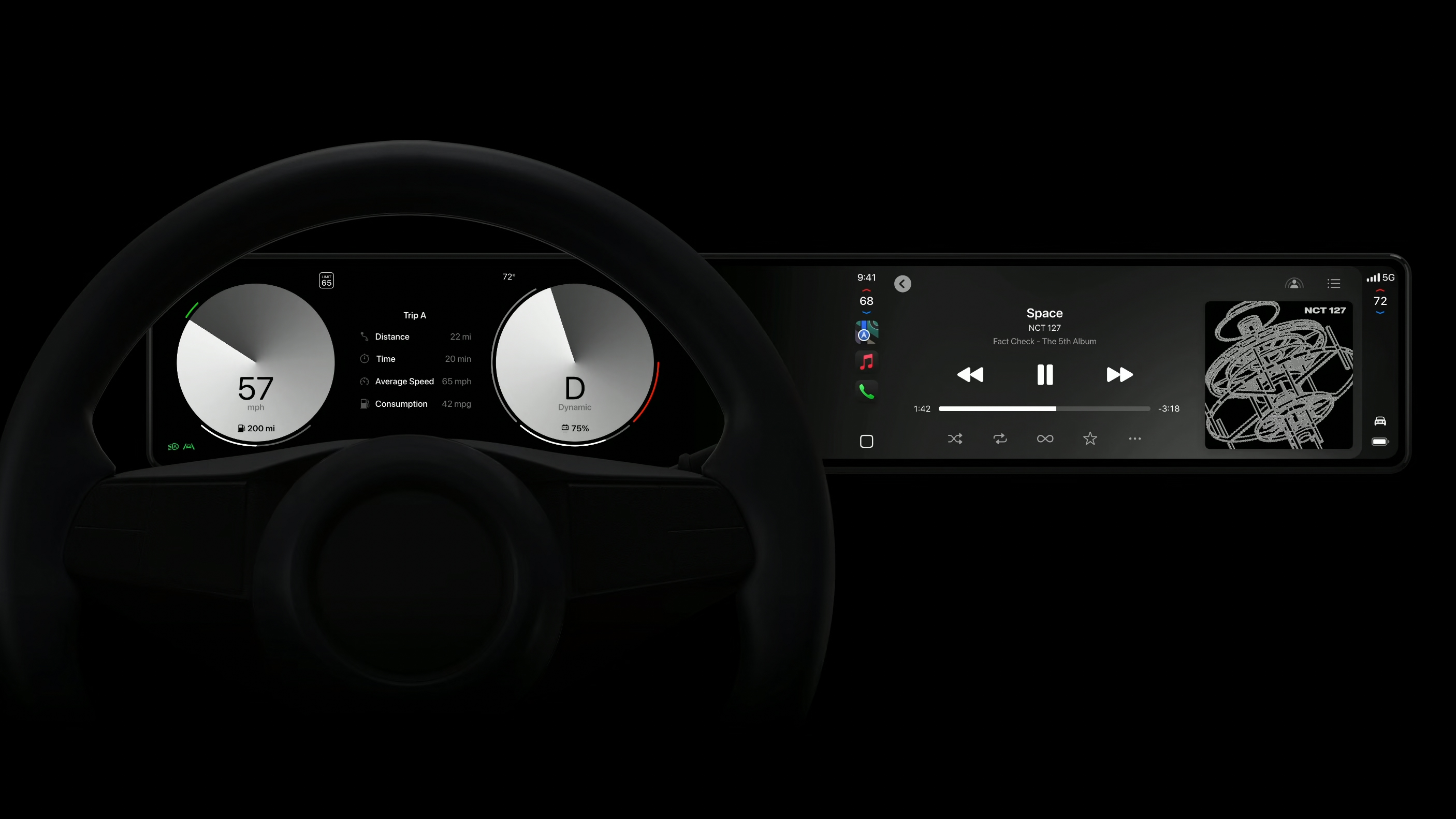 A car dashboard showing Apple CarPlay