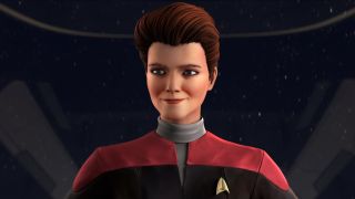 Hologram Janeway looking at the crew of the Protostar