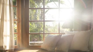 Solar control glass window in living room with cushions in front