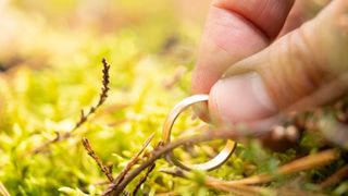 Man's hand lifting wedding ring out of moss