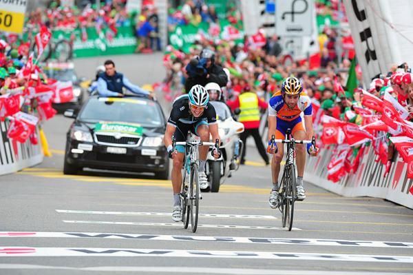 Jakob Fuglsang (Leopard Trek) outsprints Laurens Ten Dam (Rabobank) for third place.