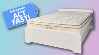 The Saatva Classic mattress on a bed frame against a pink and blue background. In the top left, a Tom's Guide Act Fast! deals badge