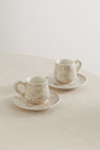 Set of Two Glazed Ceramic Mugs and Saucers