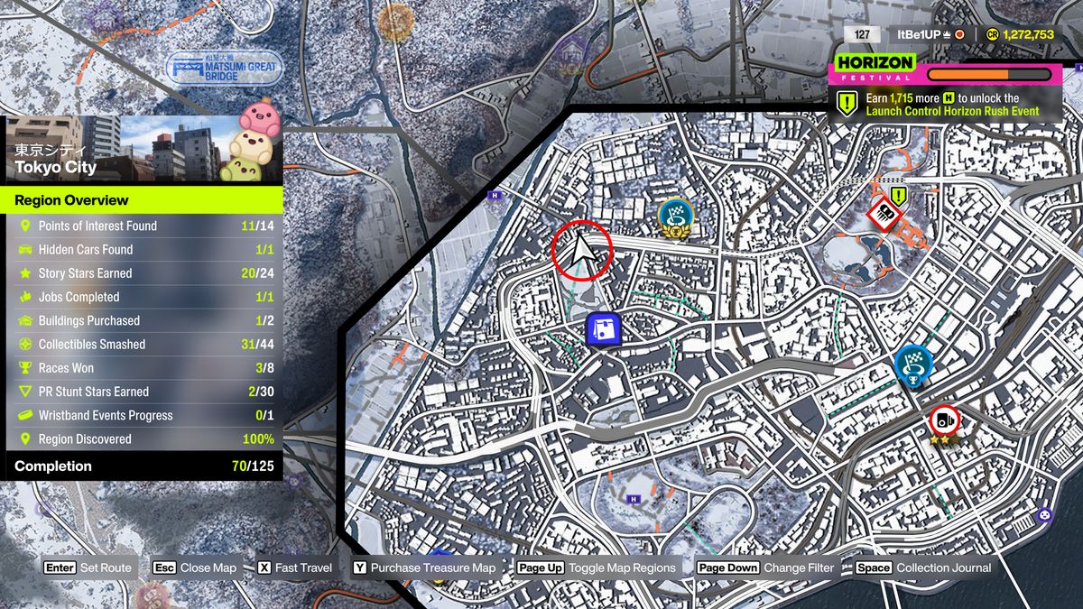 Forza Horizon 6 Pitcher Perfect: A map with a red circle showing the location of Edogawa Baseball Stadium in Tokyo City.