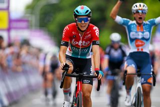 ZULTE BELGIUM JULY 19 Thalita De Jong of The Netherlands and Team Lotto Dstny Ladies crosses the finish line competes during the 10th Baloise Ladies Tour 2024 Stage 2 a 1268km stage from Zulte to Zulte on July 19 2024 in Zulte Belgium Photo by Luc ClaessenGetty Images