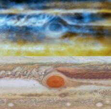 Blue and gold radio view of Jupiter matching up with visible-light view
