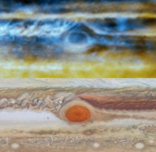 Blue and gold radio view of Jupiter matching up with visible-light view