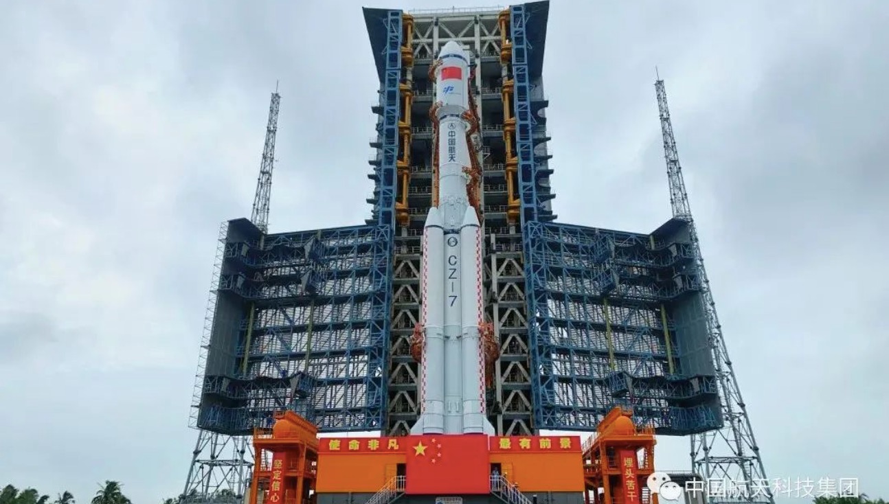 A Long March 7 rocket topped with the Tianzhou 5 cargo spacecraft rolls out to the pad at Wenchang Satellite Launch Center on Hainan island on Nov. 9, 2022.