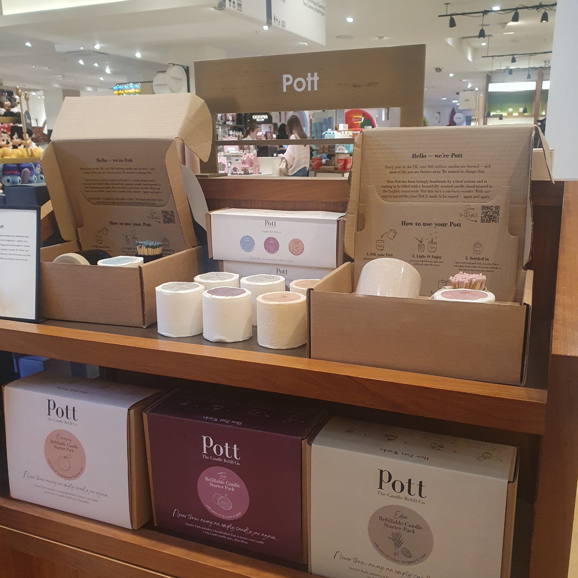 Refillable scented candles from Pott displayed at Selfridges