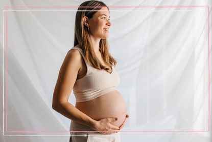 an image of a pregnant woman in a bra top to illustrate fake tan in pregnancy