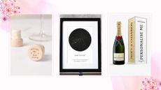 A composite image of three of the best engagement gifts, on a white background with pink florals.