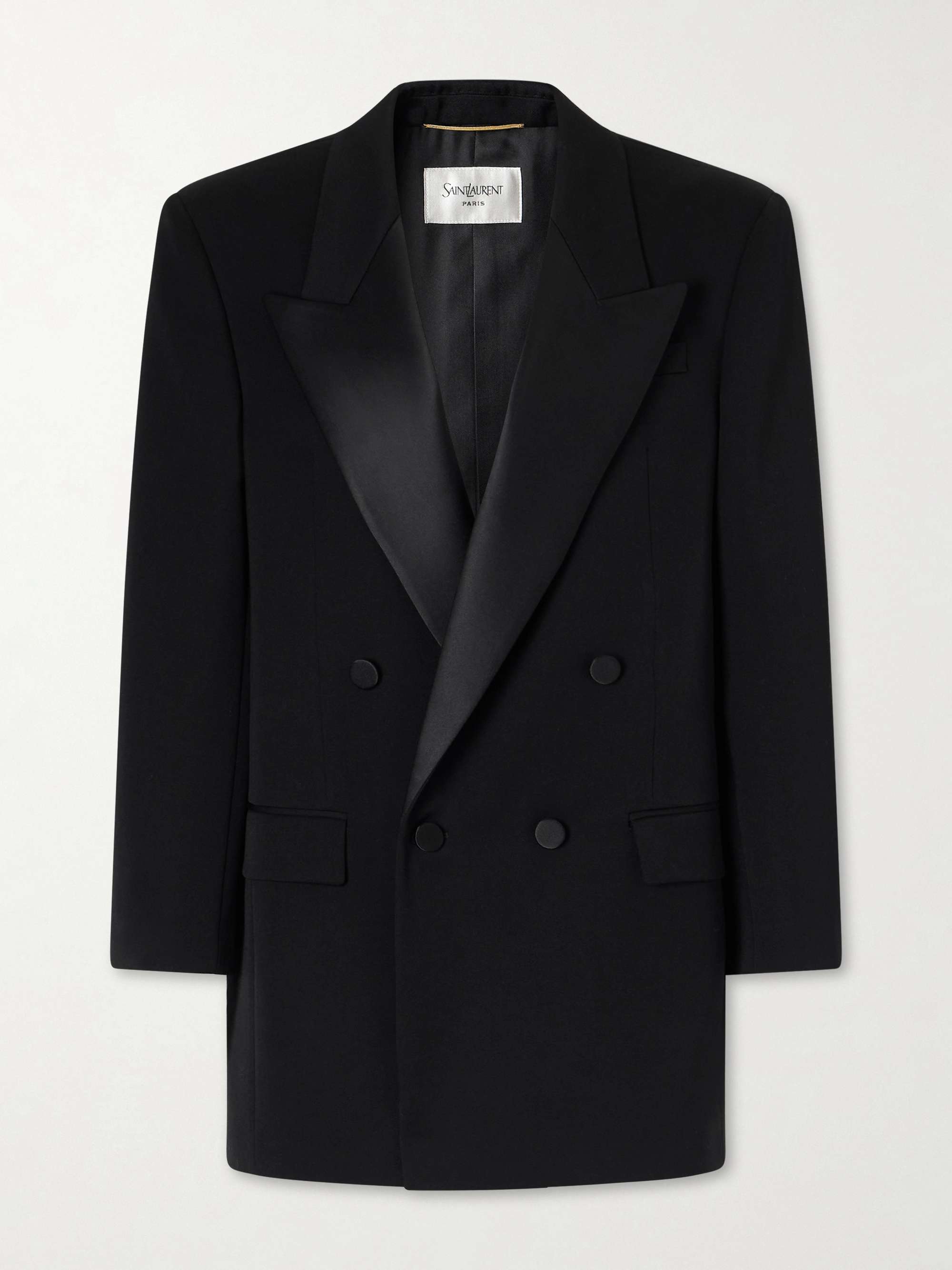 Double-Breasted Satin-Trimmed Grain De Poudre Wool Blazer